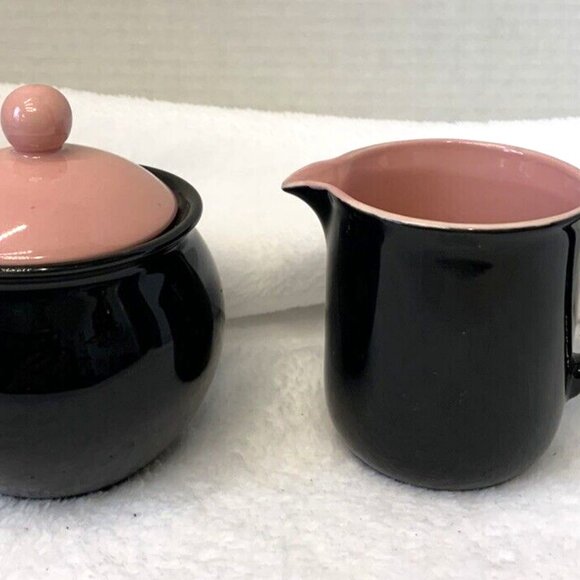 Pier 1 Imports Luminous Black and Pink Porcelain Creamer Sugar Bowl Set - Picture 1 of 6